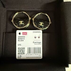 Chanel Black and Gold Hoop Earrings